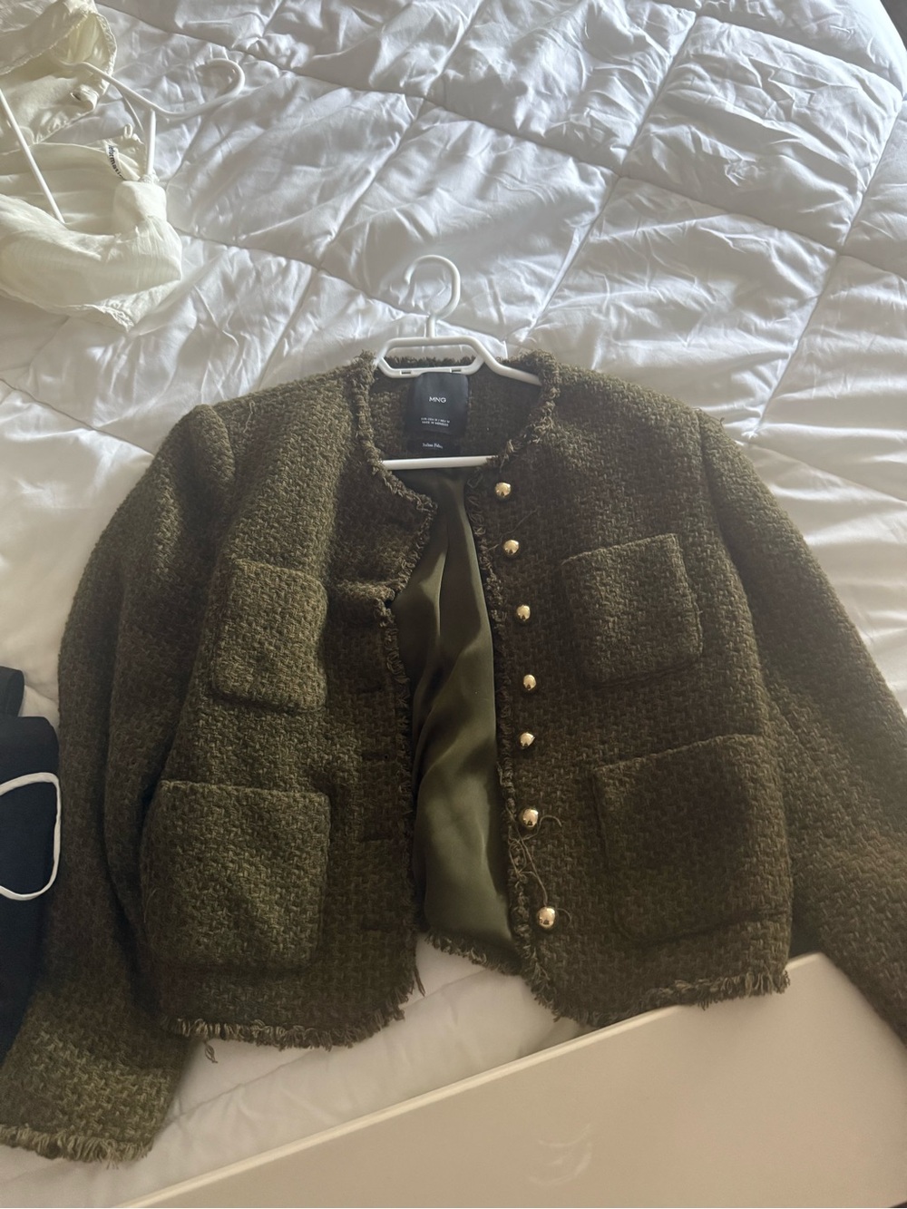 Mango Olive Green Bouclé Pocket Jacket with Gold Buttons